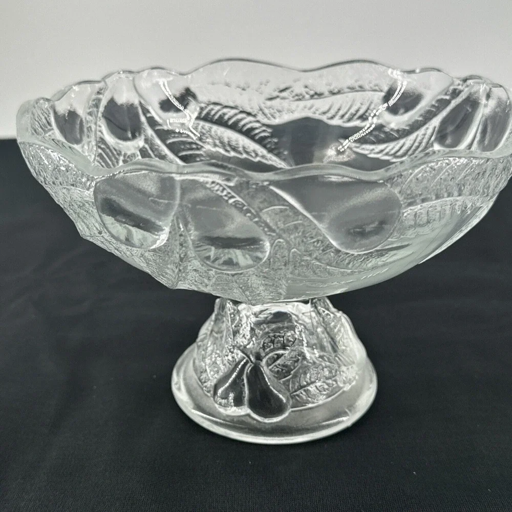 Pedestal Fruit Bowl Pear Leaf Design Vintage 80s Teleflora‎ Pressed Glass 7.5